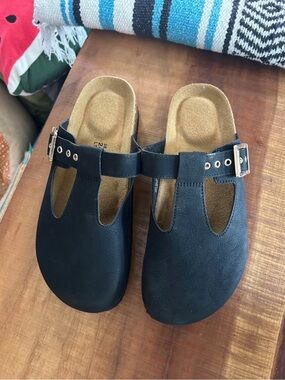 Women’s Black Mary Jane Clogs with Gold Buckle